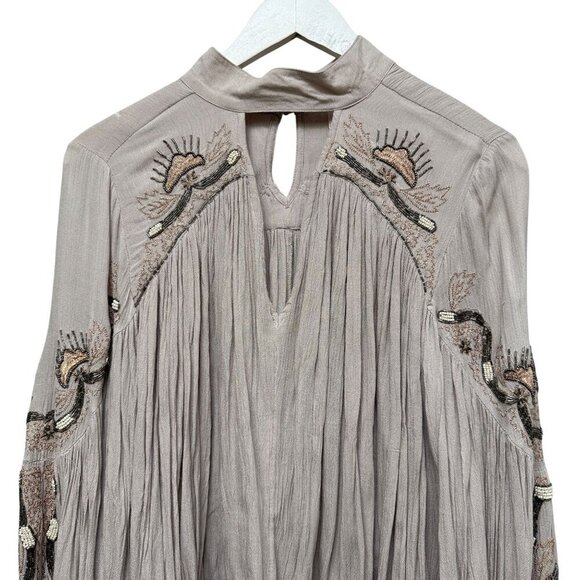 FREE PEOPLE Flowy Blouse XS Oversized Rayon Long Sleeve Boho Top Beaded Beige - Picture 3 of 14
